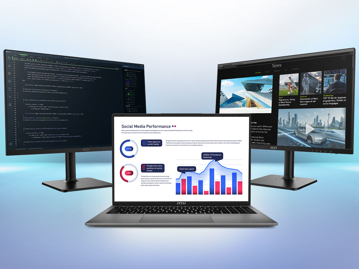MSI Modern 16 laptop with external monitors for Matrix Display 1+2 multitasking