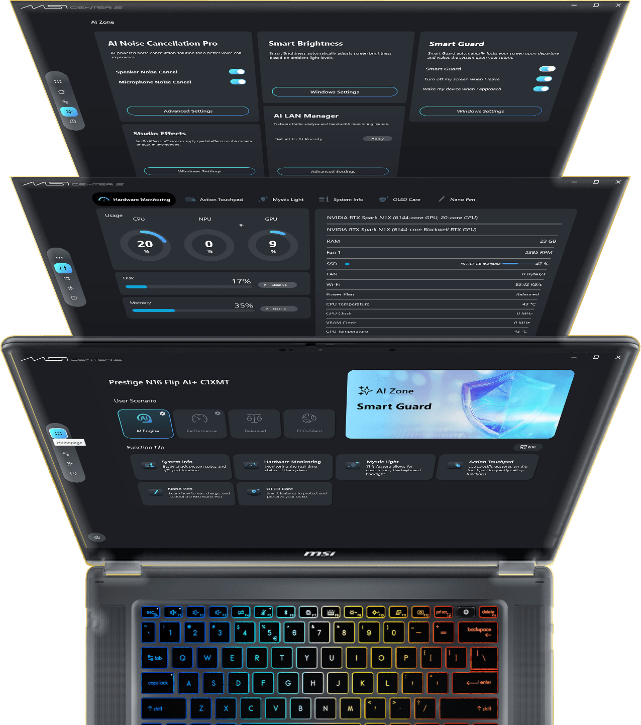 MSI Prestige N16 Flip AI+ showing MSI Center S control panel