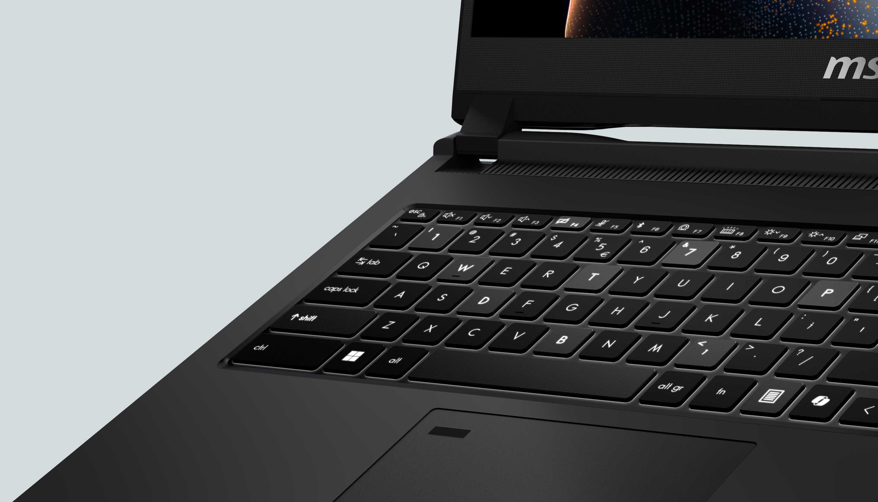 Venture 15 AI+ keyboard and touchpad close-up with key press animation