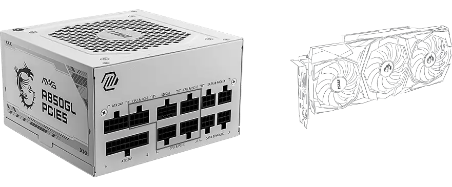 MSI MAG A850GL PCIE5 BLANC avec Cartes graphiques MSI