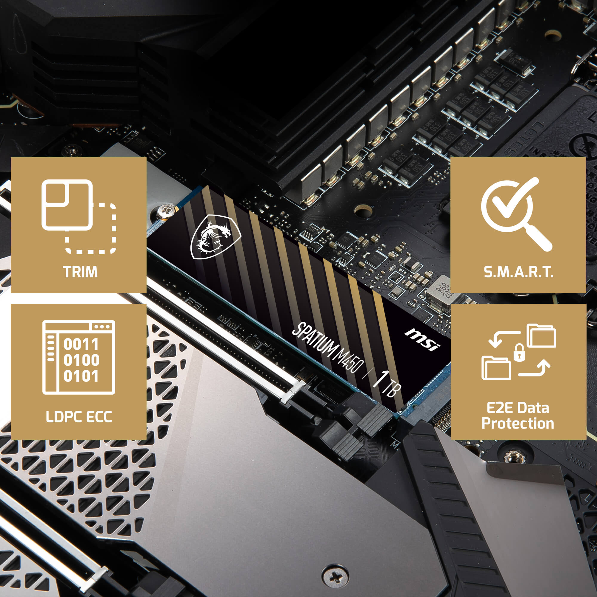 thumbnail image 2 of MSI SPATIUM M450 1TB PCIe 4.0 NVMe M.2 SSD - 3600MB/s Read, 3000MB/s Write, 3D NAND, 5-Year Warranty 2 of 3