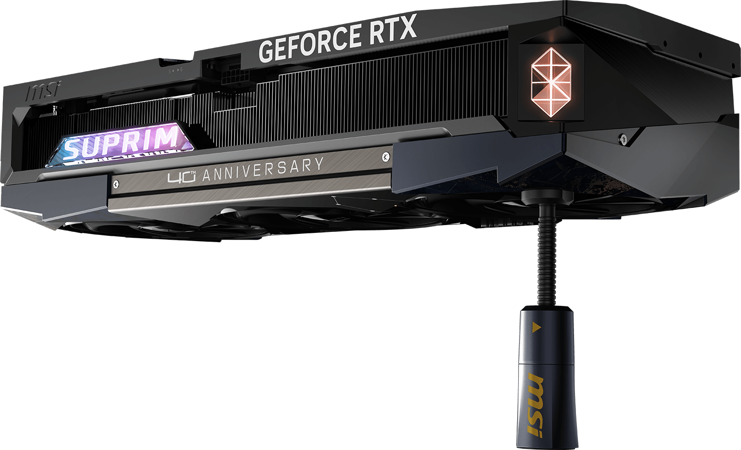 MSI GeForce RTX 5080 16G SUPRIM Draco Epic graphics card with Blue Accent Support stand