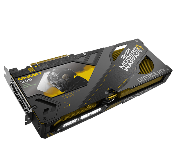MSI GeForce RTX 5080 Call of Duty Modern Warfare edition graphics card angled view