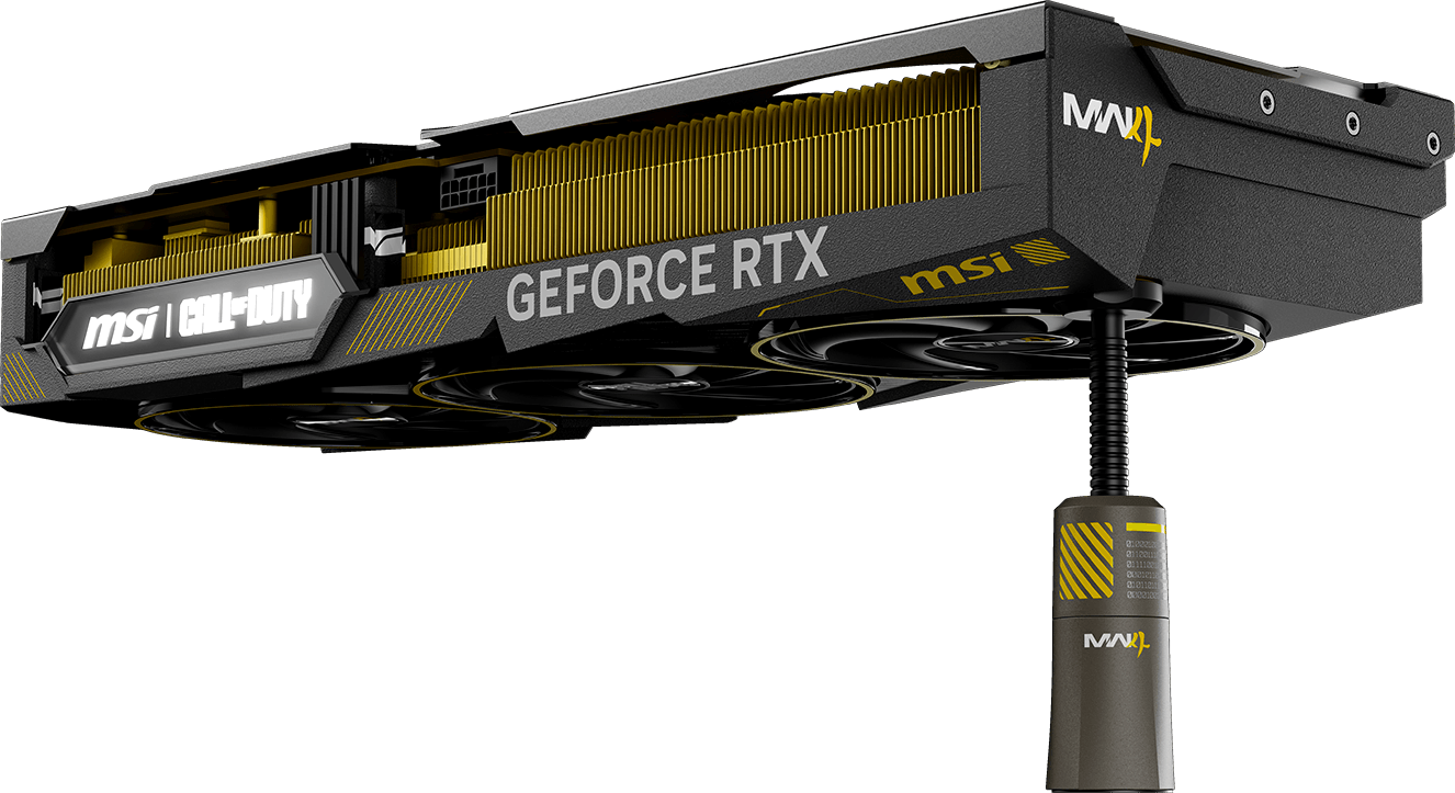 MSI GeForce RTX 5080 Call of Duty Modern Warfare edition graphics card on a support stand