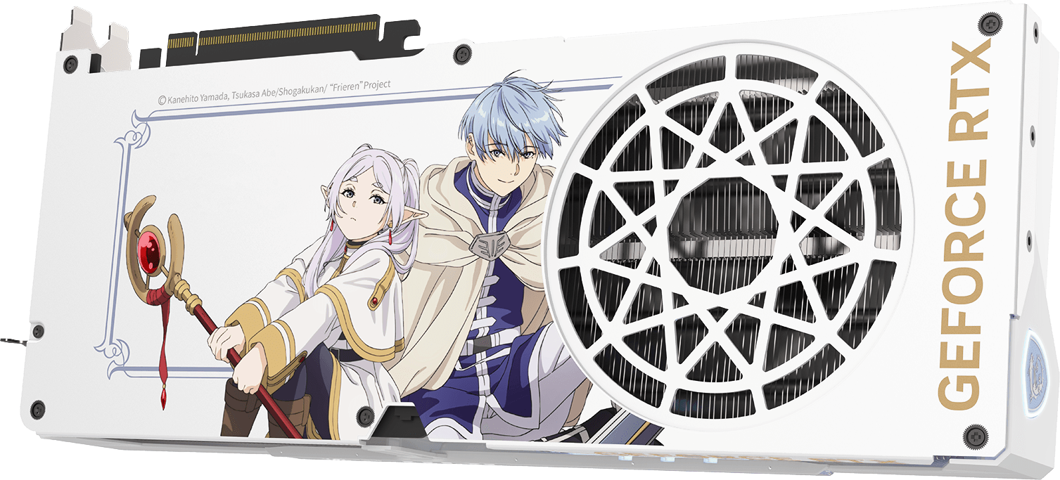 GeForce RTX 5070 Ti Frieren Edition graphics card backplate with hidden heat-reveal element and magic circle design