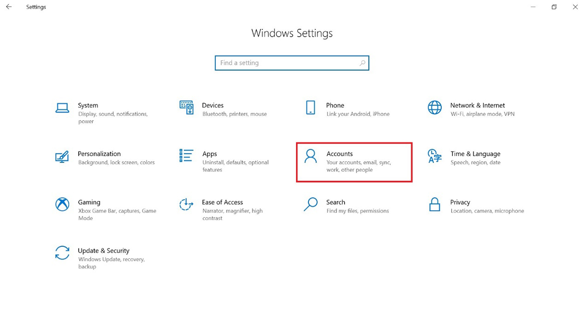 Go to【Windows Settings】and click【Accounts】 Go to【Windows Settings】and click【Accounts】