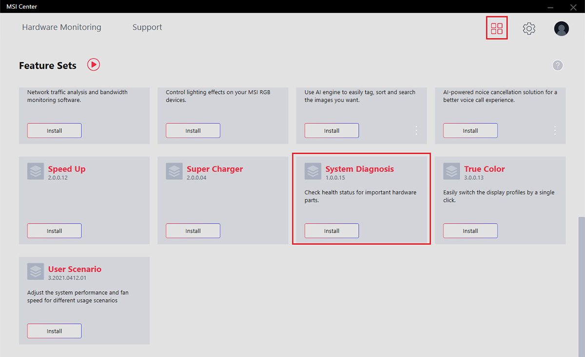 Launch MSI Center and find & install the System Diagnosis in Feature Sets