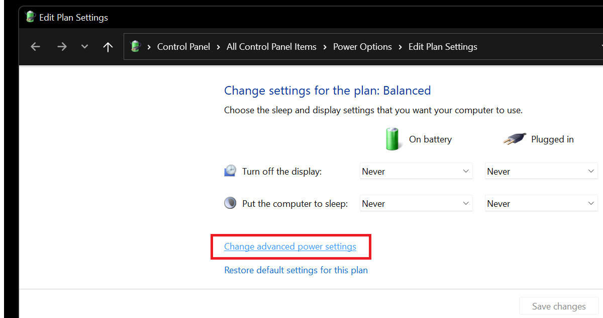 Click Change advanced setting