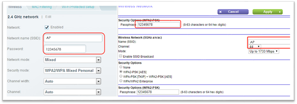 Set the same SSIDs and password on both Wi-Fi access points