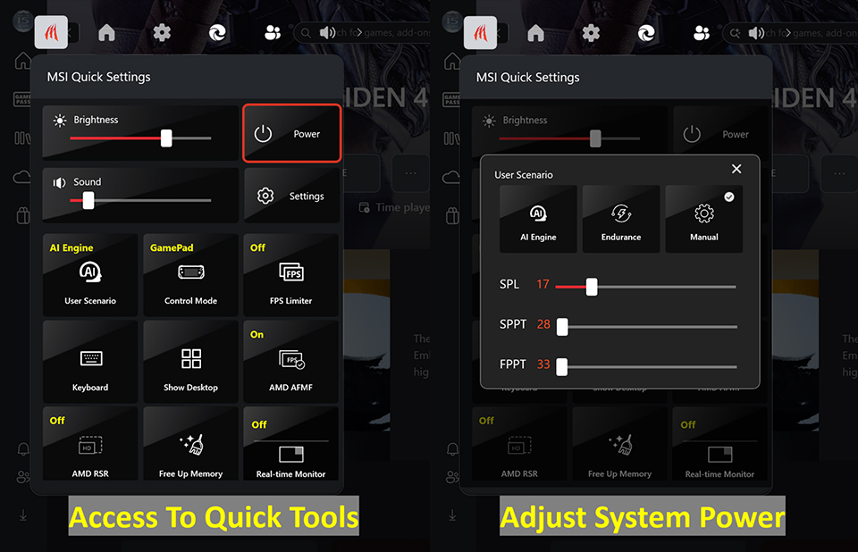 One click opens MSI Quick Settings to use tools and adjust power settings.
