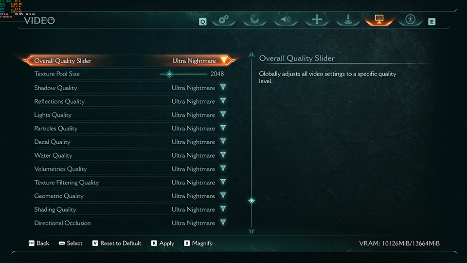 Configuración Benchmark DOOM The Dark Ages - Ultra Nightmare + DLSS_FSR Calidad + Frame Generation ACTIVADO
