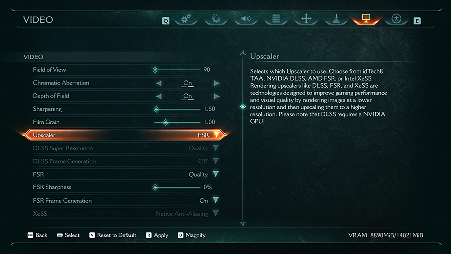 Configuración Benchmark DOOM The Dark Ages - FSR Calidad + Frame Generation ACTIVADO 2x