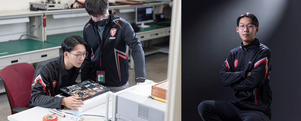 Photo: Chao-Chin Hsu examines motherboard circuitry and performs signal measurements.