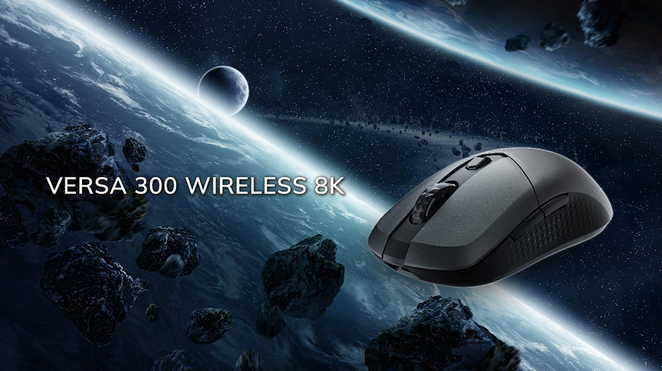 MSI VERSA 300 WIRELESS 8K symmetrische 66g-Gaming-Maus in Schwarz, Produktfoto von vorne im Dreiviertelprofil auf neutralem Hintergrund