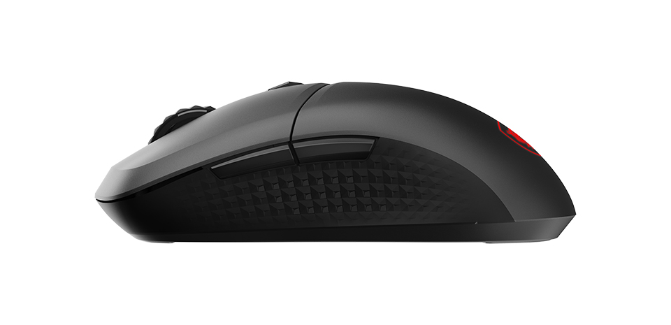 Close-up of VERSA 300 WIRELESS 8K right side panel showing embedded diamond-patterned tactile thumb grip zone