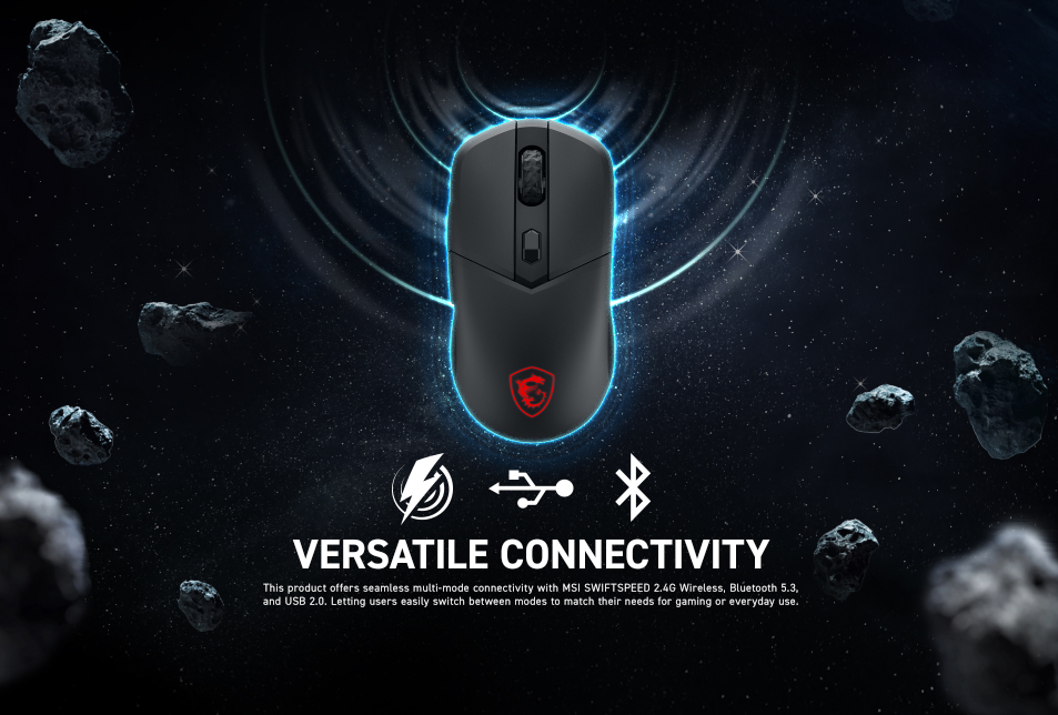 VERSA 300 WIRELESS 8K tri-mode connectivity illustration showing 2.4GHz USB dongle, Bluetooth 5.3 icon, and wired USB cable