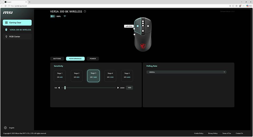 MSI Portal X web-based Performance configuration panel showing DPI, polling rate, and lift-off distance controls