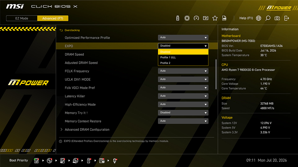 MSI Click BIOS X detects memory modules that support AMD EXPO Ultra Low Latency