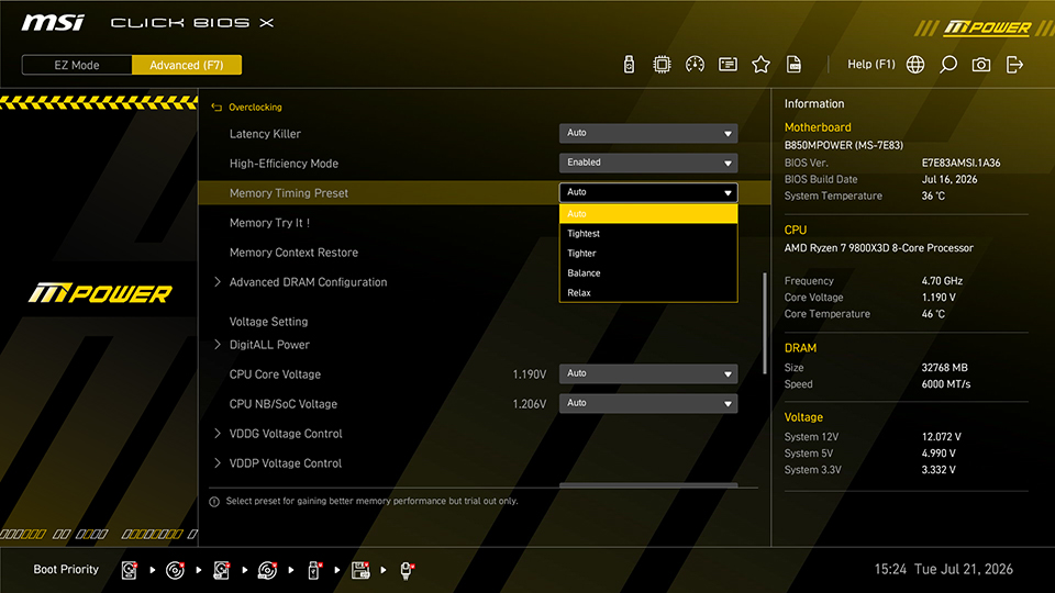 MSI High-Efficiency Mode supports four preset configurations: Tightest, Tighter, Balance, and Relax.