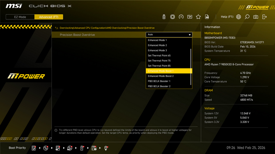 PBO Enhanced Mode Boost provides two profiles, allowing users to select a stable setting based on their CPU quality.