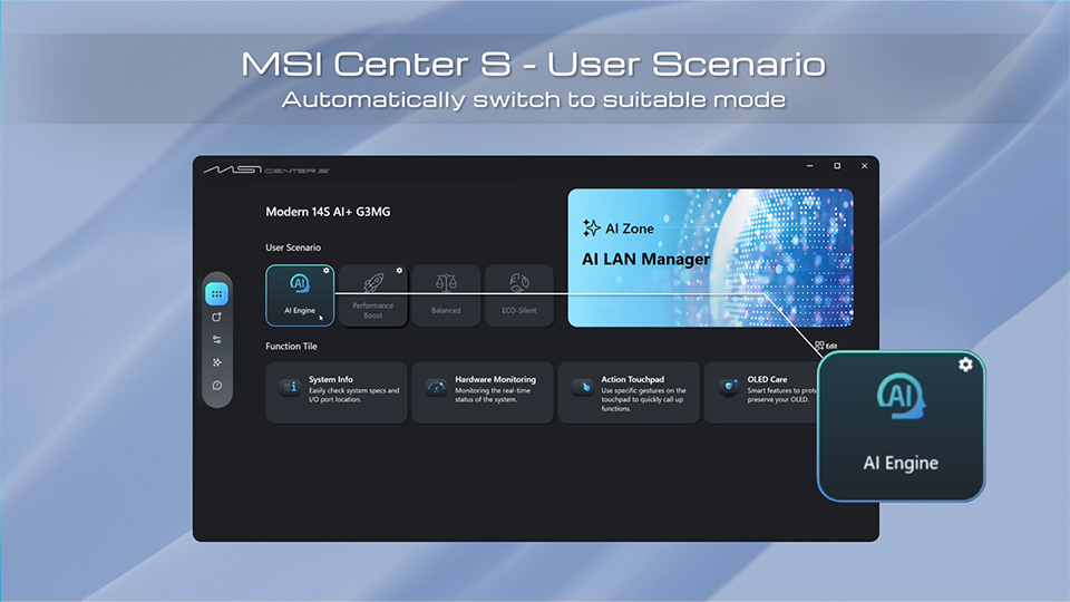 User Scenario lets you switch between Eco Silent, Balance, Performance, and AI Engine modes to optimize your laptop for different workloads.