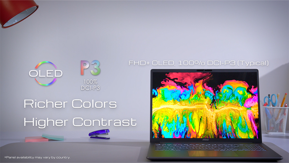 100% DCI-P3 OLED display with SGS-certified Low Blue Light and Flicker-Free technology for vivid and comfortable viewing.