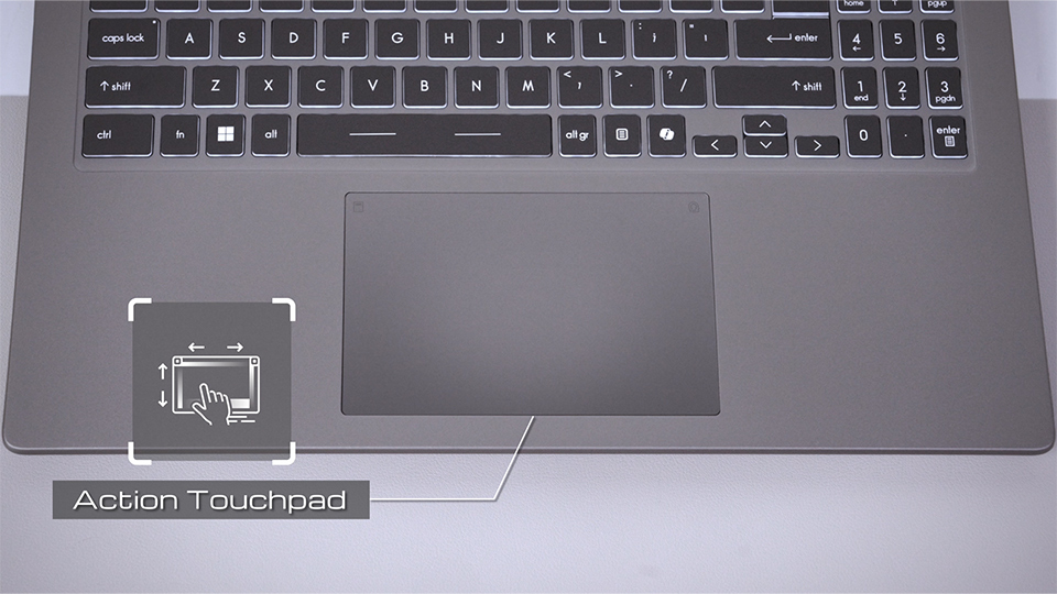 Action Touchpad supports gestures like screen brightness, volume, media playback, Calculator, and MSI Center S.