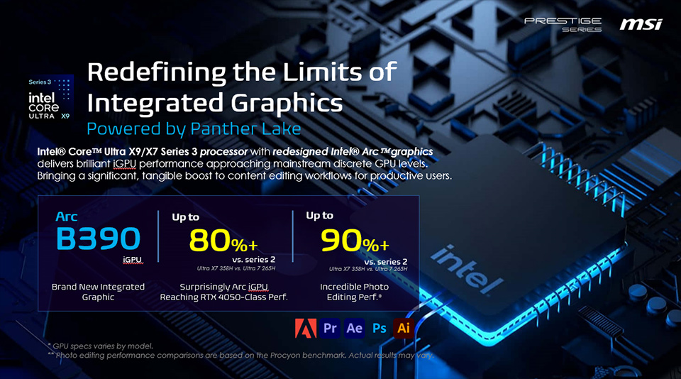 Prestige series powered by up to Intel® Core™ Ultra X9, the integrated Intel® Arc™ GPU brings near–entry-level discrete graphics performance for productivity and light creative work.