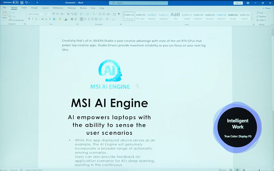 When you open a productivity app like Word, the MSI AI Engine automatically shifts into 'Intelligent Work' mode and adjusts the display to Display P3, as seen in the bottom right corner