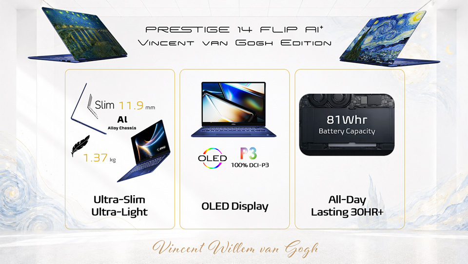 Ultra-slim at 11.9mm and just 1.37kg, the MSI Prestige 14 Flip AI+ combines AI-ready performance