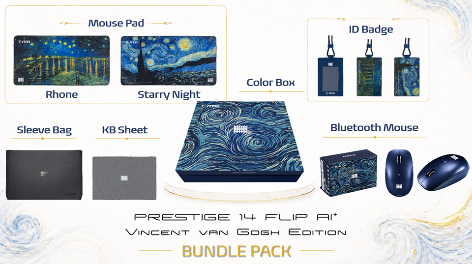 The MSI Prestige 14 Flip AI+ Vincent van Gogh Edition comes with an exclusive bundle pack inspired by Vincent van Gogh’s iconic night skies