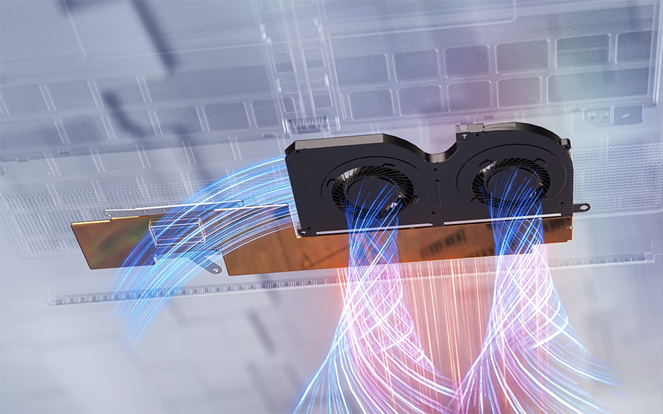 El nuevo sistema de refrigeración Vapor Chamber trabaja junto con el diseño Intra Flow de MSI para mejorar la disipación del calor y la eficiencia del flujo de aire, manteniendo un funcionamiento más silencioso en un chasis ultradelgado.