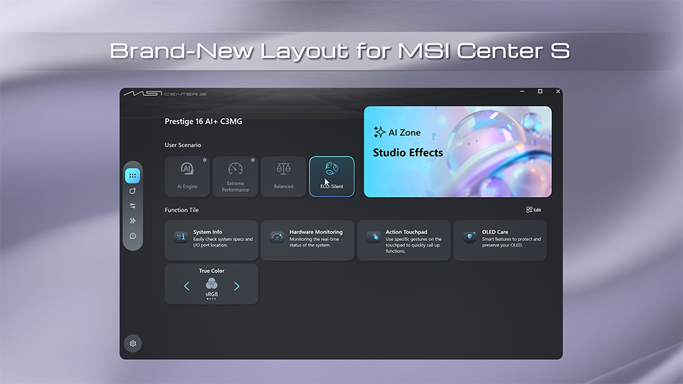 El MSI Center S rediseñado ofrece un centro de control para gestionar rendimiento, herramientas de IA y personalización del sistema.