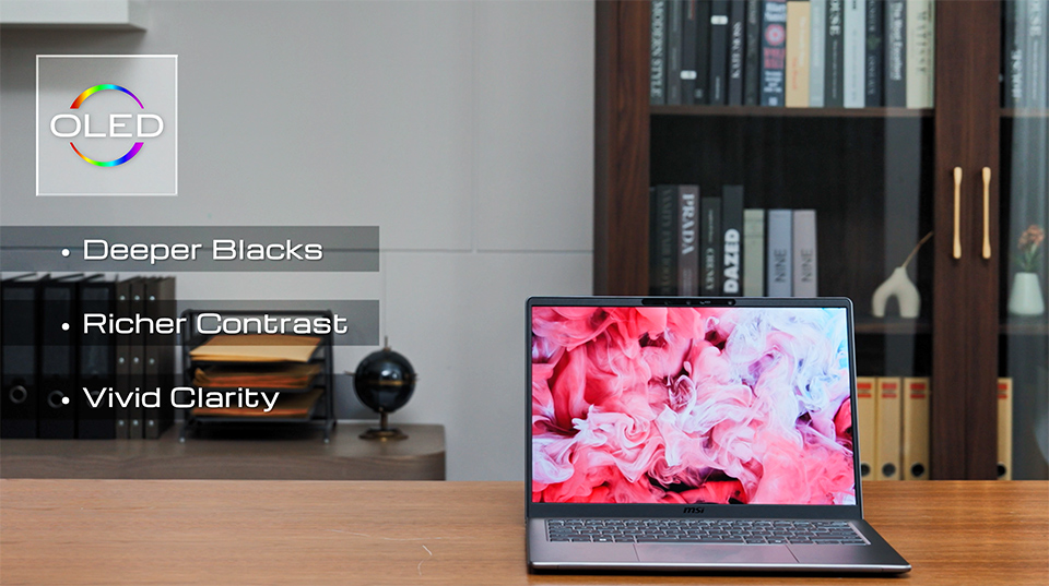 The OLED display delivers vivid colors, deep blacks, and exceptional contrast while providing certified low blue light and flicker-free viewing for improved eye comfort.