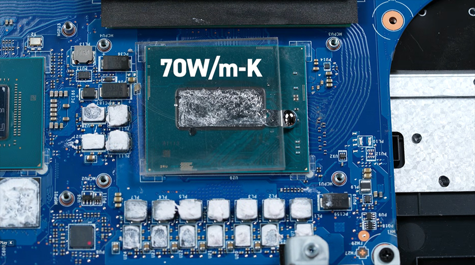 Liquid metal offers high thermal conductivity (~70 W/ m-K), but its sensitivity to movement and containment makes it a risky fit for mobile devices like laptop