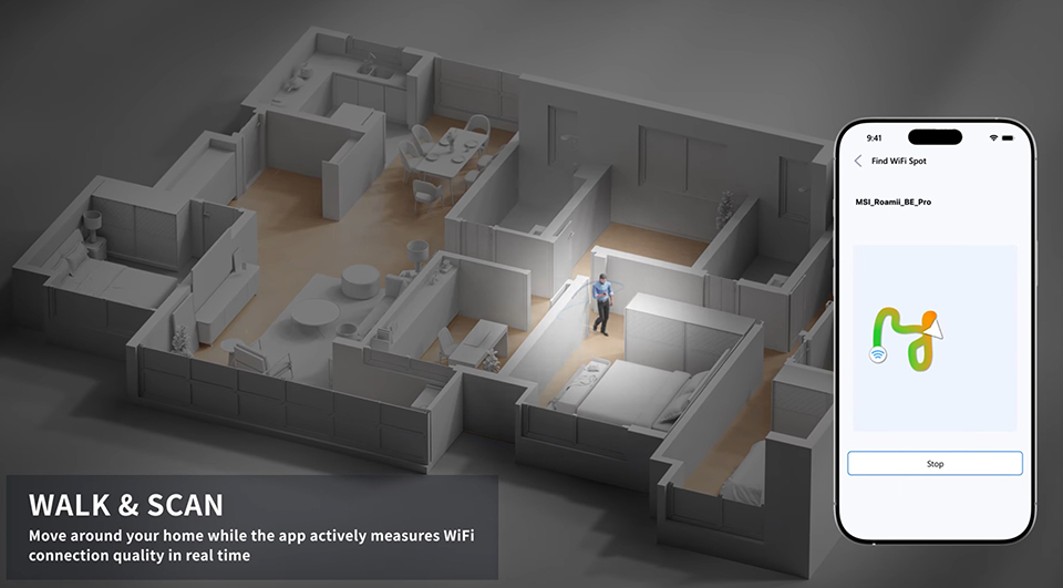 MSI Router 2.0 Find WiFi Spot feature showing real-time mesh node placement signal diagnostics
