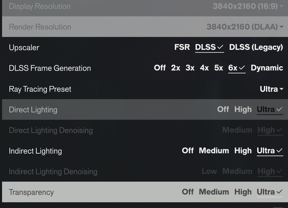 The in-game settings used for the MFG 6X runs, as captured in MSI's lab. Render Resolution matches Display Resolution (DLAA), so no upscaling is applied, and the Ray Tracing Preset is on Ultra.