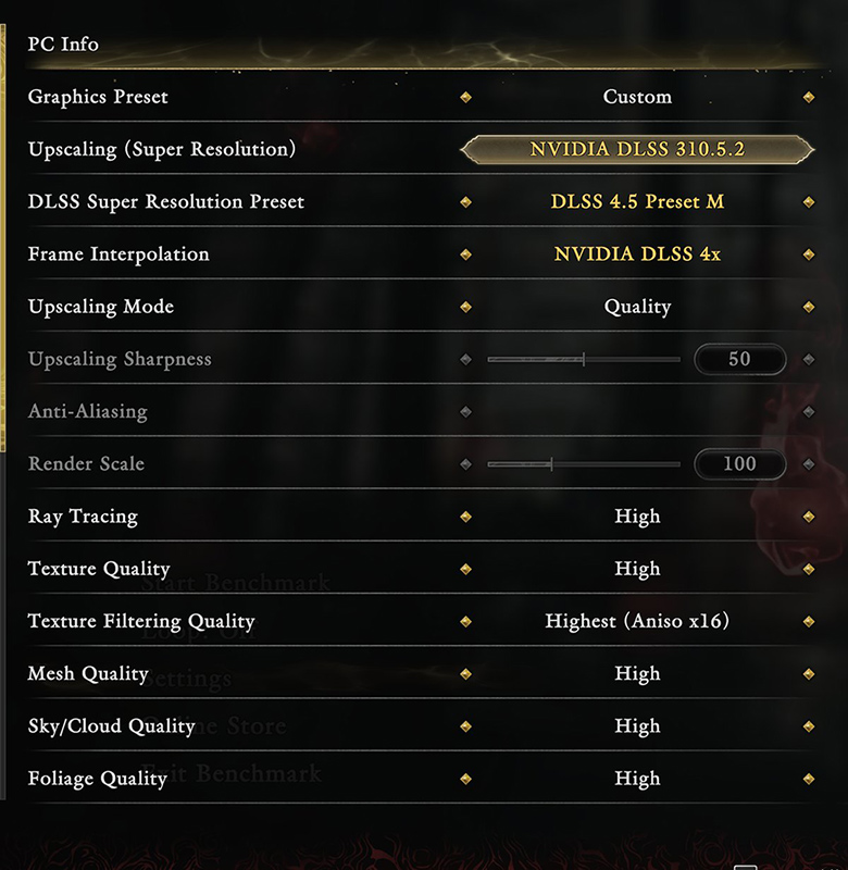 The in-game settings for this article's Quality profile, exactly as configured. Changing an upscaling option makes Graphics Preset display as Custom; the fidelity settings below it are still the Ultra preset's values.
