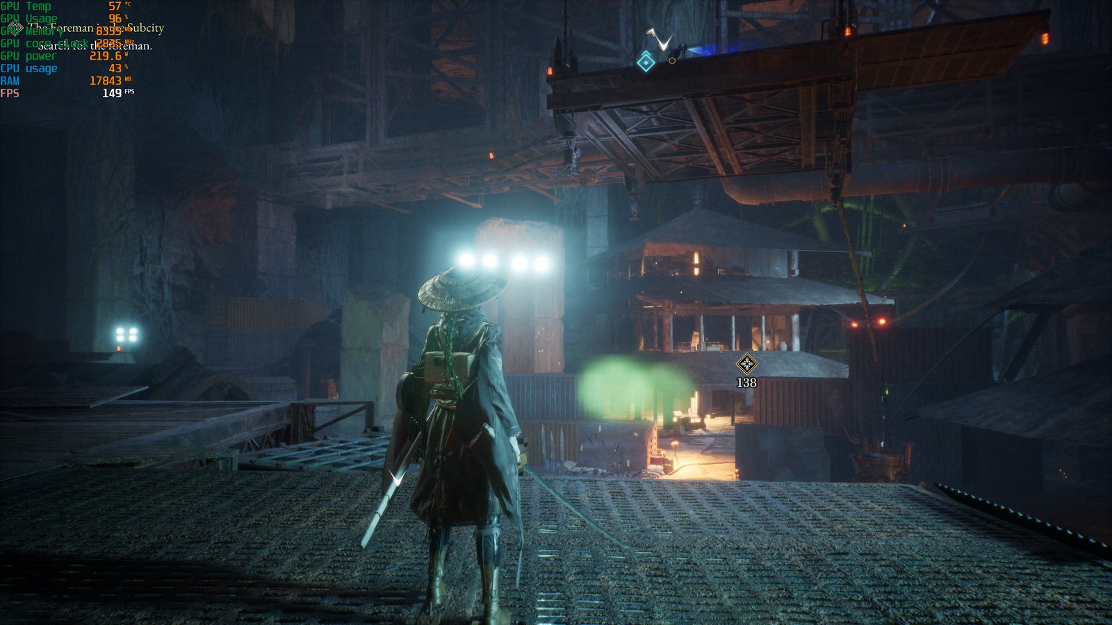 The same scene at 4K on the Performance profile — Medium fidelity, DLSS Performance, ray tracing still on. The overlay reads 149 FPS and 219.6 W; the RTX 5080 averages 144.5 FPS across the run, against 93.2 FPS native.