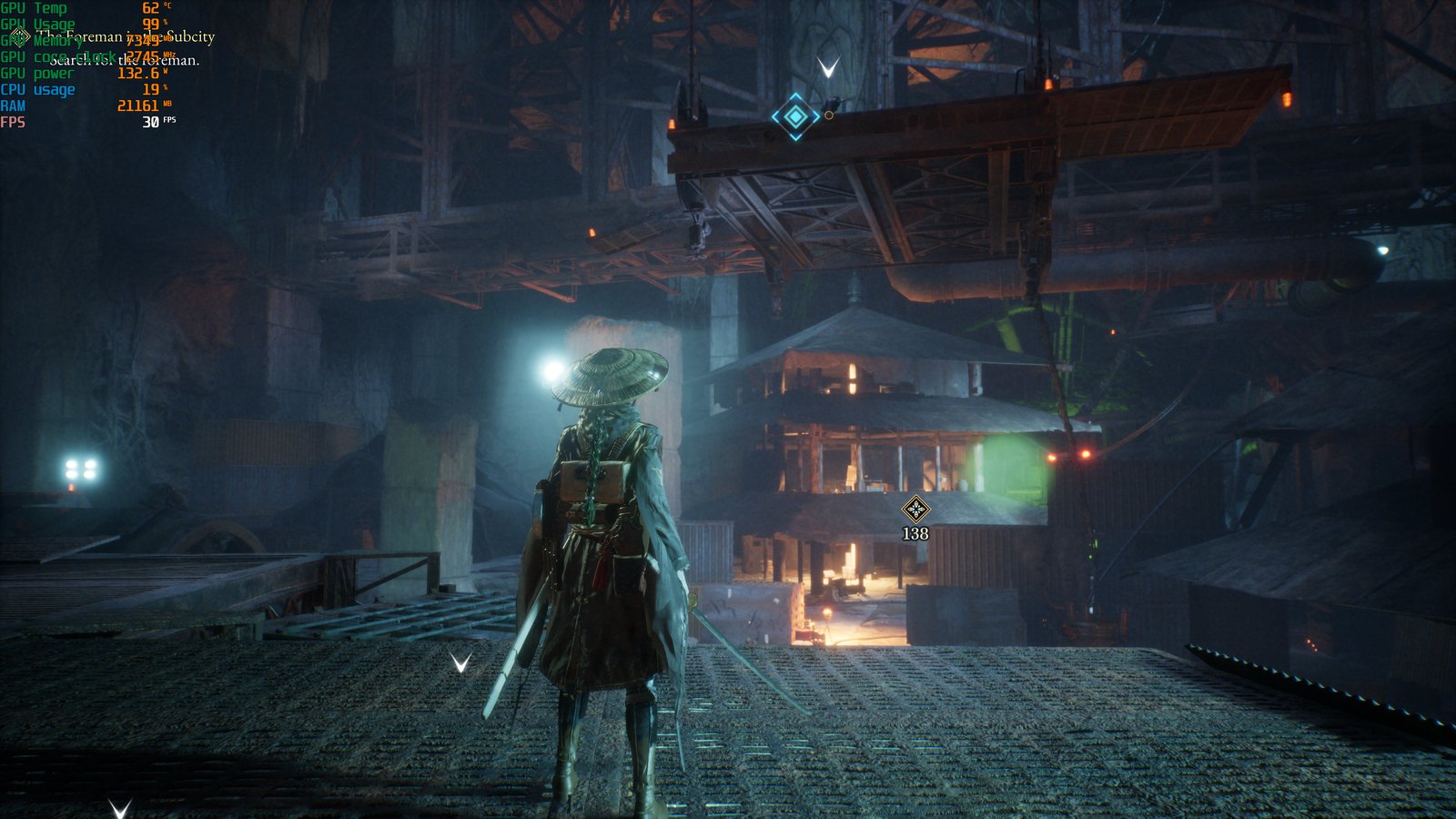 The same 4K Highest scene on the MSI GeForce RTX 5060 8G — the overlay reads 7,349 MB of VRAM at 30 FPS, effectively the card's usable ceiling.