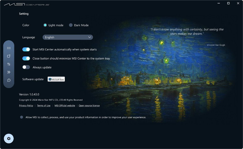 每款 Prestige 14 Flip AI+ Vincent van Gogh Edition 均配備專屬 MSI Center M UI 主題,分別呼應《隆河上的星夜》或《星夜》的藝術風格