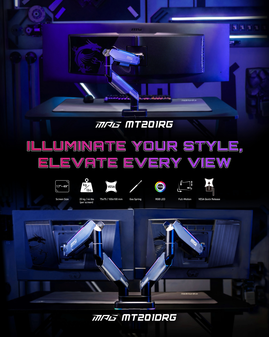 MPG MT201DRG & MT201RG Monitor Mount (Arm) - Illuminate Your Style, Elevate Every View