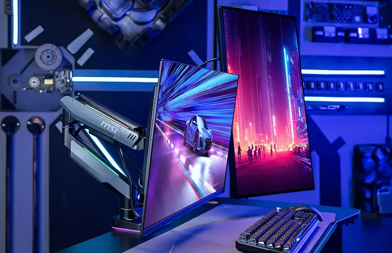 MSI multiple monitor setup demonstration comparing ultrawide curved workspace with dual-monitor productivity