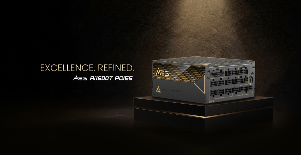 MEG Ai1600T PCIE5 power supply (PSU) product banner with MEG theme