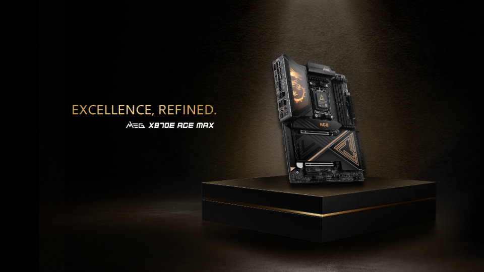 MSI MEG X870E ACE MAX motherboard product banner with MEG theme