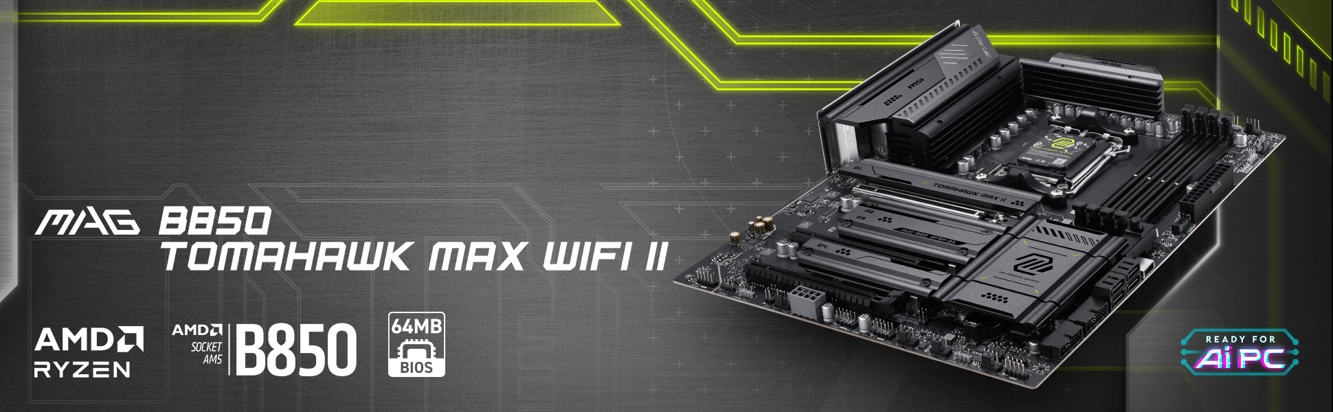 MSI MAG B850 TOMAHAWK MAX WIFI II motherboard shown front and rear with its retail box