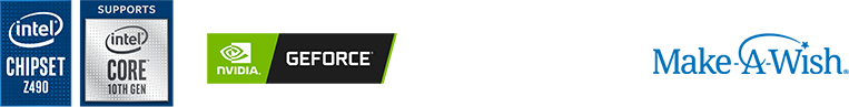 Intel z490 chipset with 10th gen intel processor support logos. NVIDIA Geforce logo. Corsair Logo. Make A Wish Foundation Logo.