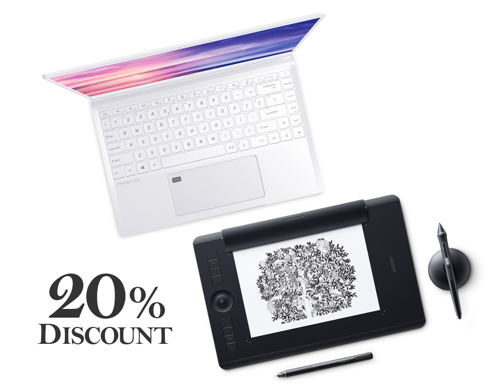20% Discount callout next to Wacom Intuos Pro Paper.